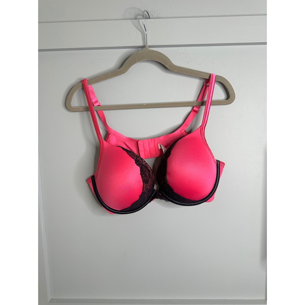 Cacique Neon Pink Black Lace Trim Plunge Underwire Padded Bra 42C DG11071527